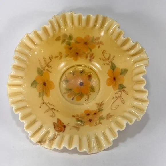 VTG Fenton Honey Amber Floral Butterfly 7224 Brides Bowl 10" Ruffled Edge 80's